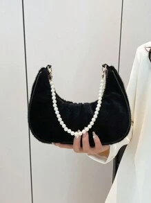 时尚纯色毛绒手提包，休闲纯色复古新月形仿珍珠链条拱形月牙形腋下肩带优雅托特包，女士 - 黑色 - 查看 5