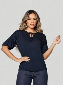 Women's Blouse With Chest Detail, Elegant, Comfortable, Luxury, Loose - Màu xanh hải quân - Xem 2
