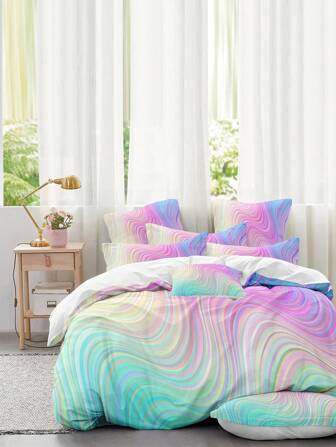 2/3 pièces Ensemble de housse de couette en microfibre douce à imprimé marbre coloré, lavable en machine