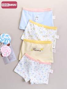 Coollikuli 时尚少女内裤4件/套服装中大女童宝宝小碎花印花平角内裤四季款舒适柔软 - 彩色 - 查看 5