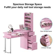 TABU Manicure Table, Professional Nail Table For Nail Tech With Side Cabinet And Large Drawers, Nail Workstation With Dust Collector And Wrist Cushion, Pink - 粉色 - 查看 6