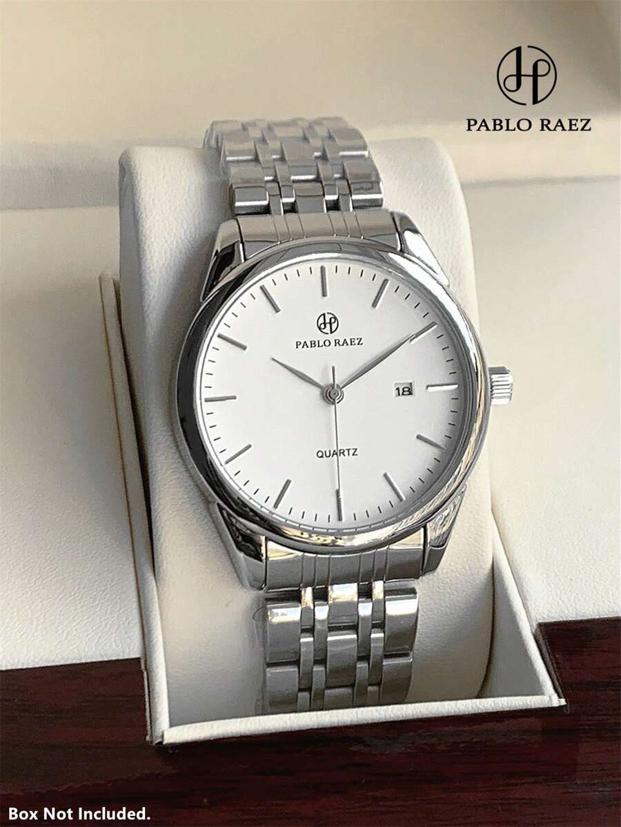 Pablo Raez Đồng hồ nam 1 chiếc Đồng hồ nam thanh lịch với mặt số màu trắng đơn giản, chỉ số kim loại, lịch, vỏ thép không gỉ màu bạc, dây đeo bằng thép không gỉ Sus304 nặng, khóa bướm, đồng hồ đeo tay thạch anh chống nước sang trọng phù hợp cho sinh viên, công nhân, cuộc sống hàng ngày, quà tặng cho gia đình bạn bè nam