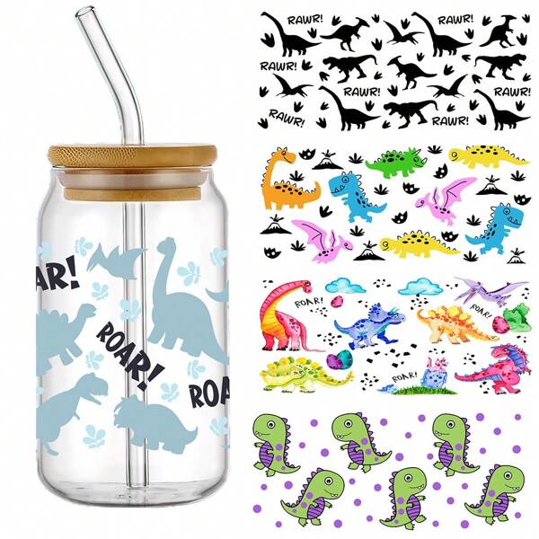 5pcs/Set Dinosaur Roar UV DTF Cup Wraps Decals Transfer Printing Waterproof Self-Adhesive Stickers For Mug Water Bottle Cup Useful Stickers For Decoration, DTF Transfer Stickers For 16 OZ Glass Can Wrap, 3d Crystal Label Waterproof And Scratch Resistant