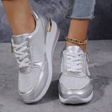 Women's Casual Round Toe Lace-Up Wedge Platform Sports Shoes, Soft Sole, Spring/Autumn