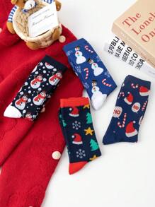 4 Pairs/Sets Of Men's Christmas Cartoon Christmas Tree Santa Claus Christmas Socks Christmas Tree Pattern Mid-Tube Socks Suitable For Christmas