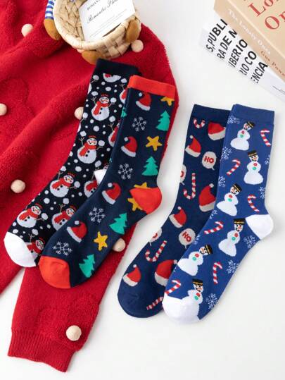 4 Pairs/Sets Of Men's Christmas Cartoon Christmas Tree Santa Claus Christmas Socks Christmas Tree Pattern Mid-Tube Socks Suitable For Christmas