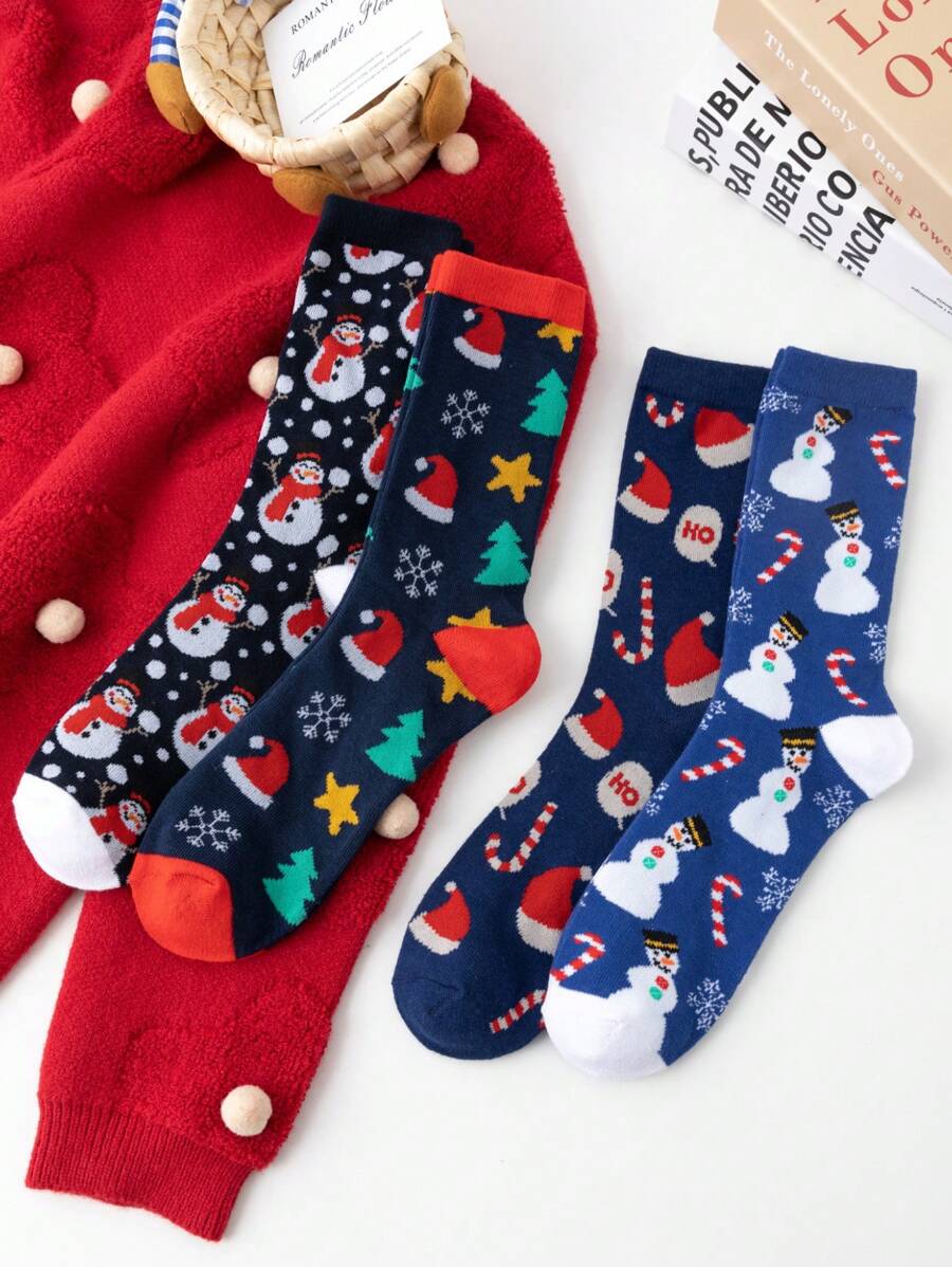 4 Pairs/Sets Of Men's Christmas Cartoon Christmas Tree Santa Claus Christmas Socks Christmas Tree Pattern Mid-Tube Socks Suitable For Christmas