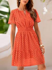 Women's Summer Skirt V-Neck Short Sleeve A-Line Hollow Lace Ruffled Cute Casual Dress - 橘色 - 查看 4