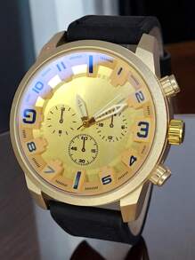 Men's Elegant Business Watch Leather Strap Gold Dial Chameleon Display - màu đen - Xem 4