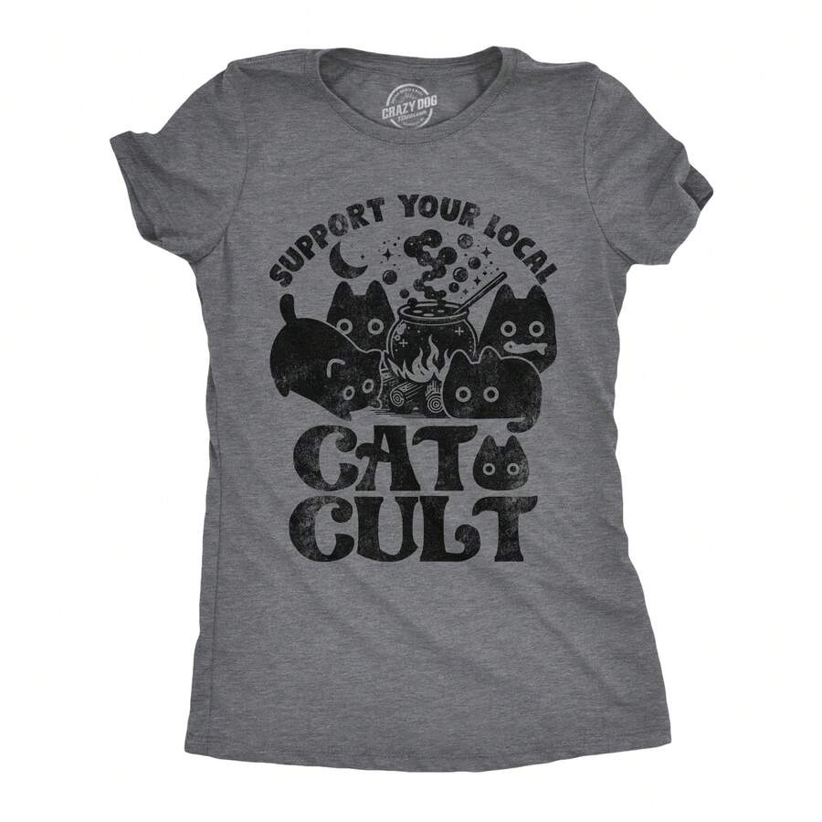 Womens Funny T Shirts Support Your Local Cat Cult Sarcastic Halloween Kitten Graphic Tee For Ladies Funny Womens T Shirts Cute Vintage Fashion Casual Ladies T-Shirt Gift - 深希瑟灰色 - 查看 1
