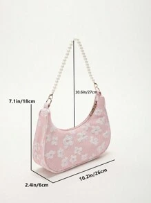 Floral Pattern Hobo Bag Faux Pearl Decor Baby Pink Fashionable