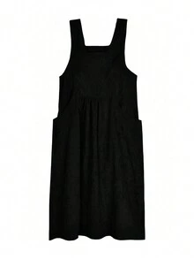 纯色灯芯绒背带连衣裙，带双口袋，黑色休闲款 - 黑色 - 查看 3