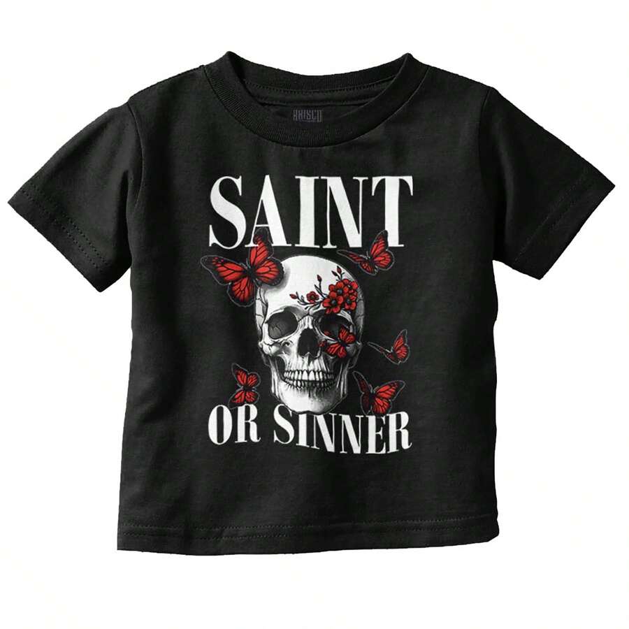 BRISCO BRANDS Baby Boy Christian Graphic Tee Shirt Cool Spiritual Faith Butterfly Skull Saint Or Sinner Flowers Casual Everyday Soft Cotton Printed Short Sleeve Crewneck T-Shirt Baby Clothes - Black - View 1