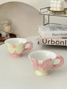 1pc 180ml Hand-Painted Bow Ceramic Coffee Cup, Handcrafted Flattened Handle Mug, Suitable For Cafe Latte, Manual Coffee, Office Milk Cup, Water Cup, Holiday Gift, Girlfriends Cup, Afternoon Tea Cup, Holiday Decoration Back To School Back To School