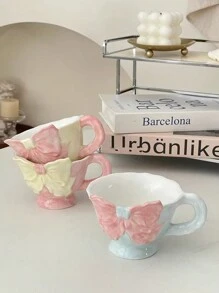 1pc 180ml Hand-Painted Bow Ceramic Coffee Cup, Handcrafted Flattened Handle Mug, Suitable For Cafe Latte, Manual Coffee, Office Milk Cup, Water Cup, Holiday Gift, Girlfriends Cup, Afternoon Tea Cup, Holiday Decoration Back To School Back To School