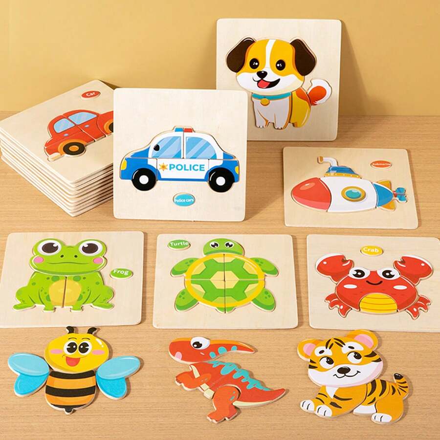 木制男孩拼图形状学习教育卡通动物智力益智玩具儿童礼物节日礼物女孩圣诞节 - 立體小拼圖-lh - 查看 1