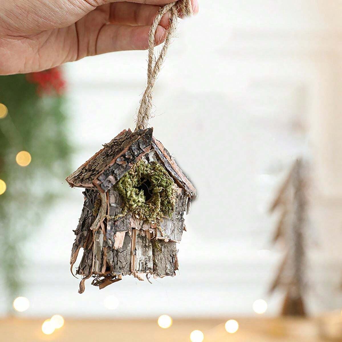 1pc Wooden Bird's Nest House Pendant Moss Bark Grass Thatched Bird's