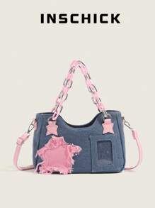 微食斜跨单肩链条包，透明PVC配牛仔效果，甜美辣妹风，单肩牛仔包，2024秋冬新品，原创复古辣妹Y2K单肩斜跨包，日系小食手提包，时尚明星美式复古斜跨单肩包，日系小食日常包，女手提包 - 藍色 - 查看 1