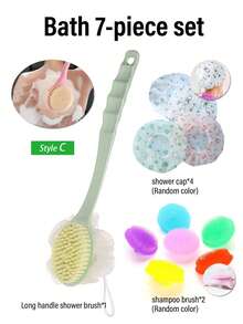 1套双面沐浴刷7件套34CM长沐浴刷洗澡刷长柄软毛沐浴刷背部磨砂浴帽防水浴帽浴帽洗发梳按摩刷毛刷 - 彩色 - 查看 3