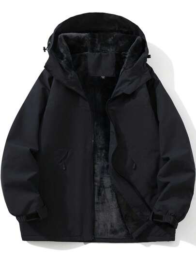 Men 1pc Waterproof, Windproof Thermal Lined Hooded Jacket, Ideal Insulation Gear For Outdoor Winter Activities, For Fall, Grunge, Fleece-Lined Jacket