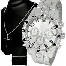 Relógio Masculino Metal Original + Corrente Pulseira 18k - Prata - Visão 1