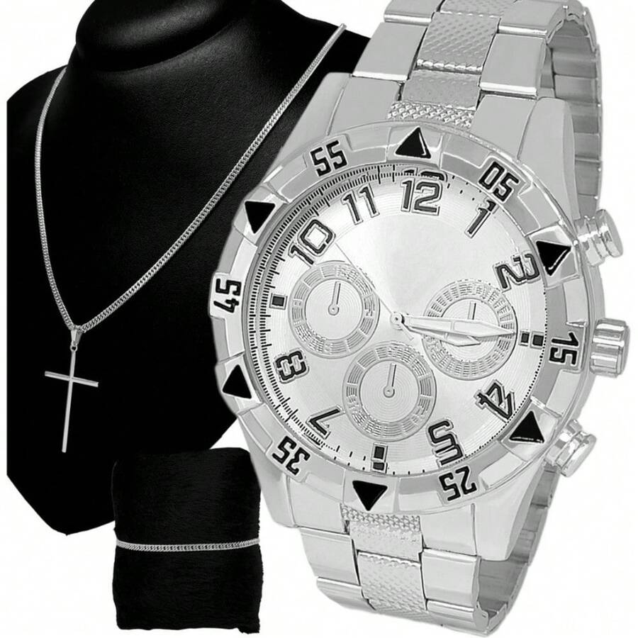 Relógio Masculino Metal Original + Corrente Pulseira 18k - Prata - Visão 1