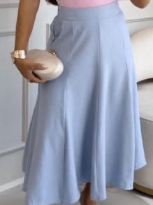 Women's Tailored Midi Skirt Evase Sensorial With Elegant Pocket - 淺藍色 - 查看 3