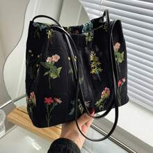 2024 Spring/Summer New Embroidery & Print Tote Bag For Women, Fashionable Large Capacity Canvas Shoulder & Crossbody Bucket Bag