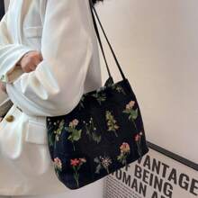 2024 Spring/Summer New Embroidery & Print Tote Bag For Women, Fashionable Large Capacity Canvas Shoulder & Crossbody Bucket Bag