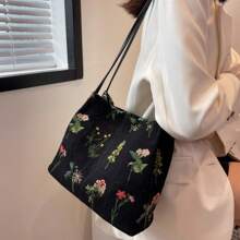 2024 Spring/Summer New Embroidery & Print Tote Bag For Women, Fashionable Large Capacity Canvas Shoulder & Crossbody Bucket Bag