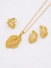 非洲镀金首饰套装 - 项链、吊坠、耳环、戒指，适合女性，法式迪拜派对、新娘、婚礼、妻子礼物