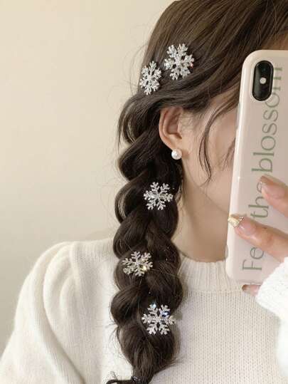 5/10pcs Women Snowflake Faux Pearl Hair Clips, Rhinestone Barrettes,Stylish Silver Color Bangs Hairpins For Daily Use, Great For New Year, Valentine's Day Gift Claw Clips, School Stuff, Faux Pearl Hair Accessories, Christmas, Looks Of Party