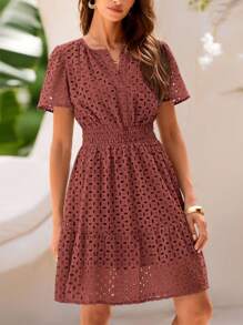 Women's Summer Skirt V-Neck Short Sleeve A-Line Hollow Lace Ruffled Cute Casual Dress - Đỏ nâu - Xem 4