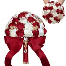 大型奢华心形蝴蝶仿珍珠新娘捧花，金色水钻缎带玫瑰，酒红色布艺永生花。情人节配饰