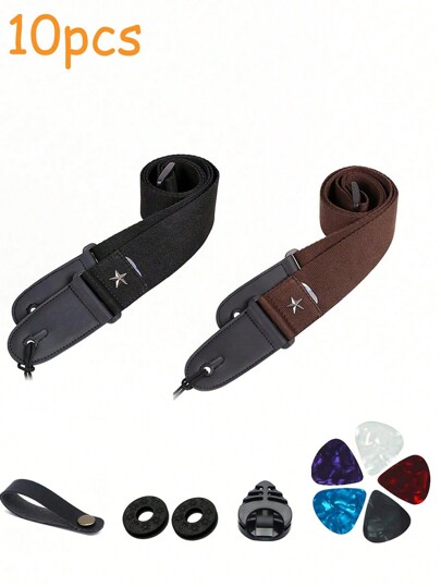 10pcs Guitar Strap With Pick Holder Star Shoulder Straps Adjustable Leather Ends,Include 5 Guitar Picks And 1 Hold And 2 Washers