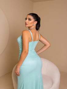 Manu Shiny Tulle Long Bridesmaid Dress - 藍色 - 查看 3