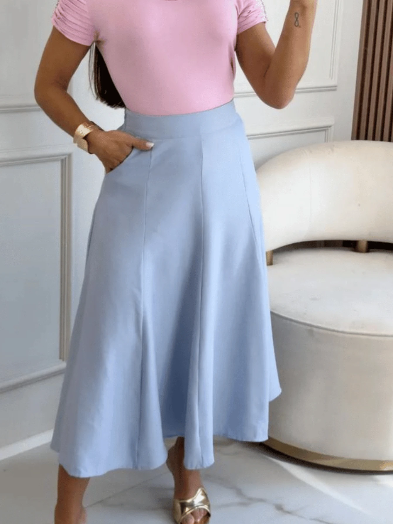 Women's Tailored Midi Skirt Evase Sensorial With Elegant Pocket - 淺藍色 - 查看 1