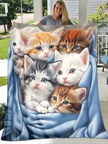 1 件数码印花柔软毛毯，个性化猫电影观看毛毯，圣诞动物猫时尚设计温暖午睡毛毯，送给家人和朋友的绝佳礼物