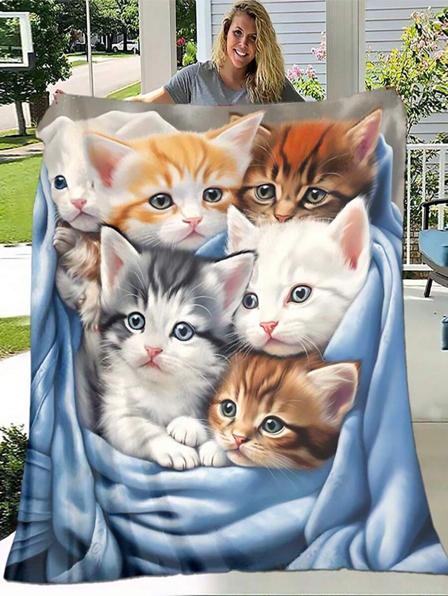 1 件数码印花柔软毛毯，个性化猫电影观看毛毯，圣诞动物猫时尚设计温暖午睡毛毯，送给家人和朋友的绝佳礼物