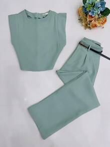 Women's Set: Summer Sleeveless Solid Color Round Neck Top And Wide Leg Pants With Belt And Bag - Mint Green - View 1