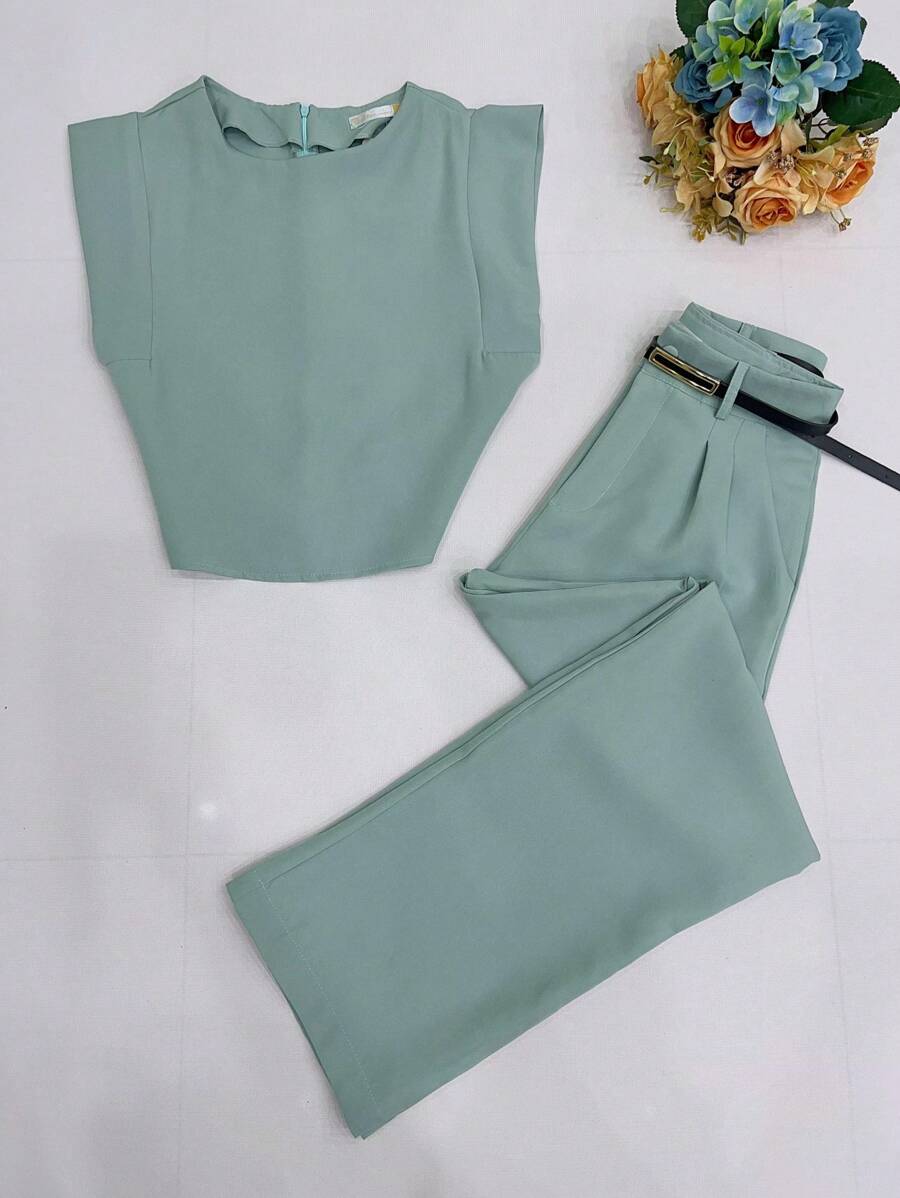 Women's Set: Summer Sleeveless Solid Color Round Neck Top And Wide Leg Pants With Belt And Bag - Mint Green - View 1