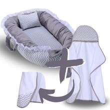 MeF Mae e Filho Double Layer Baby Bath Towel With Hood And Diaper Lining + Crib Reducer Nest For Newborn Baby 100% Cotton - 灰色雪佛龍 - 查看 1