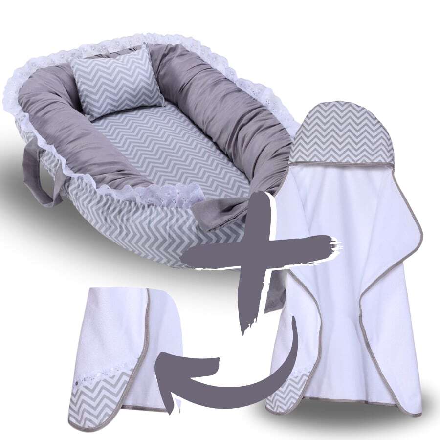 MeF Mae e Filho Double Layer Baby Bath Towel With Hood And Diaper Lining + Crib Reducer Nest For Newborn Baby 100% Cotton - 灰色雪佛龍 - 查看 1