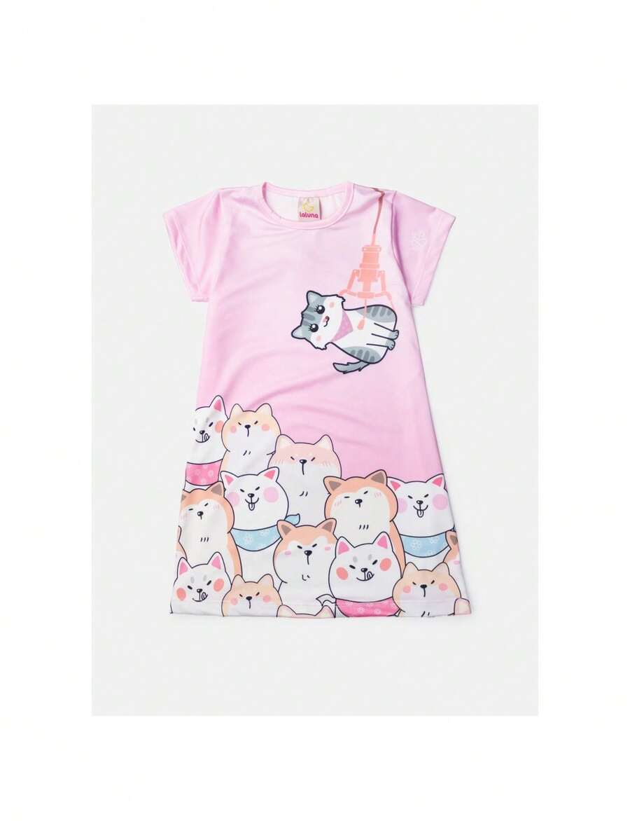 Pink Kitten Short Sleeve Children's Dress 098 - Laluna - Màu Hồng baby - Xem 1