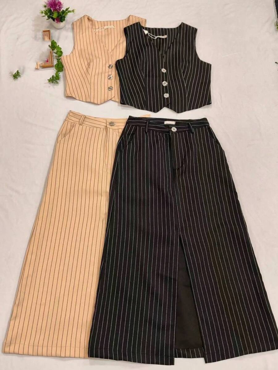 Elegant Women's Striped Tailored Set 3-Button Vest And Long Skirt - màu đen - Xem 1