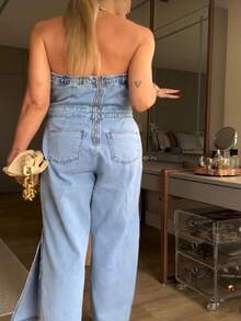 JANE FINE 8303 Sleeveless Denim Jumpsuit Women's High Waist Jumpsuit Trousers 8303 - Rửa trung bình - Xem 2