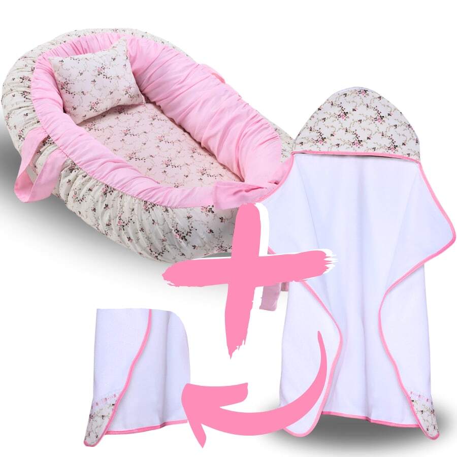 MeF Mae e Filho Toalha de Banho Bebe Dupla Camada com Capuz e Forro Fralda + Ninho Redutor de Berço Bebe Recem Nascido 100% Algodão - Floral - Visão 1
