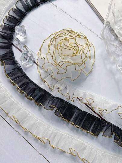 1pc 5 Yards Gold-Edge Handmade Organza Lace Trim With Ruffle Trim Lace Ribbon For Clothing Dress Skirt Sewing Decoration