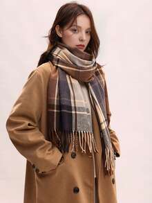 1 chiếc khăn choàng cổ cashmere giả dày thanh lịch cổ điển dành cho nữ, khăn choàng tua rua ấm áp và chống gió, phù hợp cho mọi dịp đông thu - Cà phê nâu - Xem 2