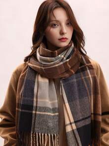 1 chiếc khăn choàng cổ cashmere giả dày thanh lịch cổ điển dành cho nữ, khăn choàng tua rua ấm áp và chống gió, phù hợp cho mọi dịp đông thu - Cà phê nâu - Xem 3